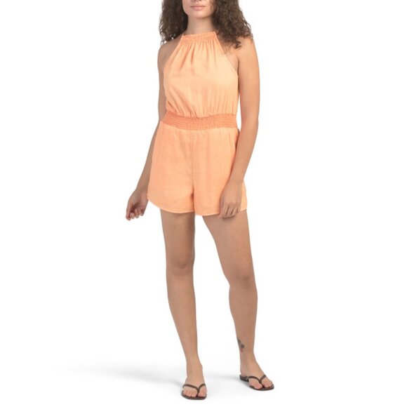 BELLA DAHL peach Made In Usa Smocked Halter Romper